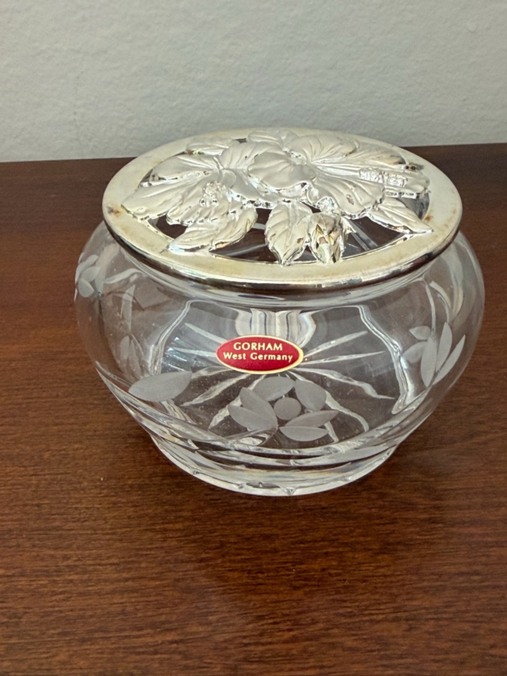 Vintage Gorham West Germany Crystal Trinket Box Hibiscus Silver Tone Lid